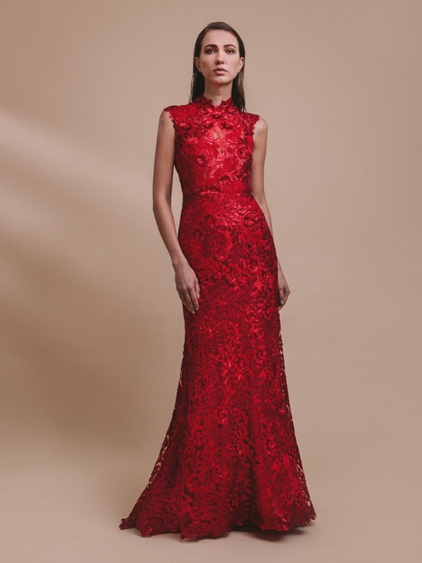 JADE Sequined Red Evening Dress with Mandarin Collar Fashion